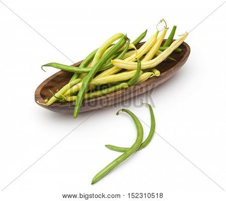 Harvest of asparagus siliculose yellow and green beans. Isolated on white  