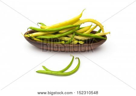 Harvest of asparagus siliculose yellow and green beans. Isolated on white  
