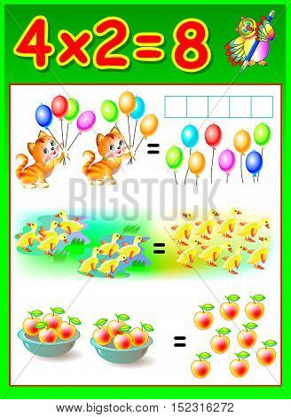 Educational page for children with multiplication table. Developing skills for counting and multiplication. Vector image.