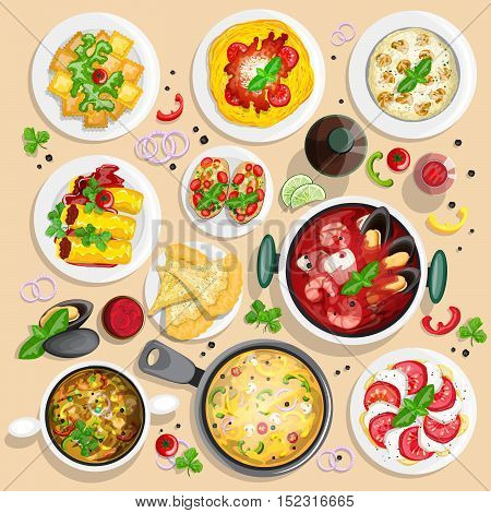Italian cuisine top view frame. Italian food menu design. Colorful hand drawn collection of top view illustrations.
