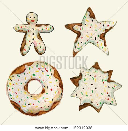Set of cakes collection. Birthday cake, cake star, gingerbread cookie, chocolate donut. collection of watercolor aquarelle illustration - isolated on light background and clipping path
