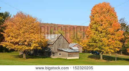 BROMONT QUEBEC CANADA 10 18 2016: Fall landscape old farm in country side of Bromont it is in the Brome-Missisquoi Regional County Municipality