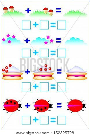 Educational page for children with exercises on addition. Developing skills for counting and writing. Vector image.