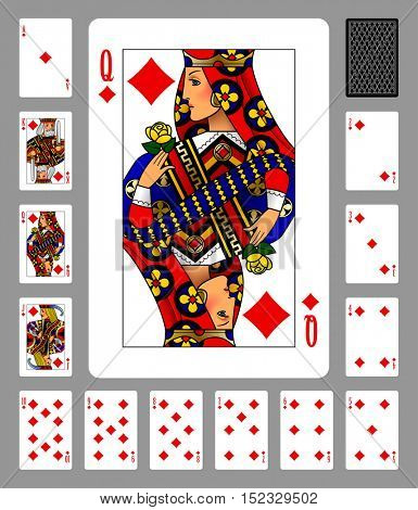 Playing cards of Diamonds suit and back on green background. Colorful original design. Vector illustration