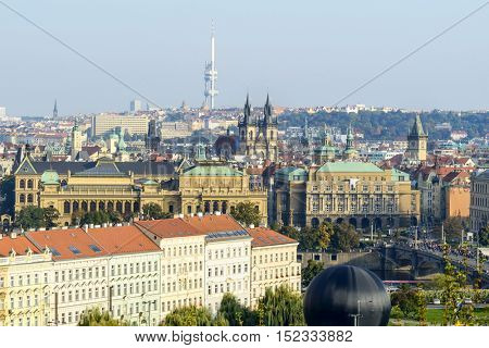 Panoramic aerial view of Prague with the Zizkov Tv tower on the top. View from Prague Castle, Czech Republic.