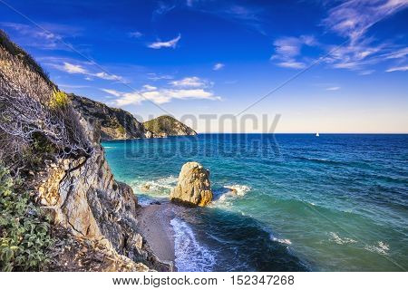 Rock in a blue sea. Sansone beach. Elba island. Tuscany Italy Europe