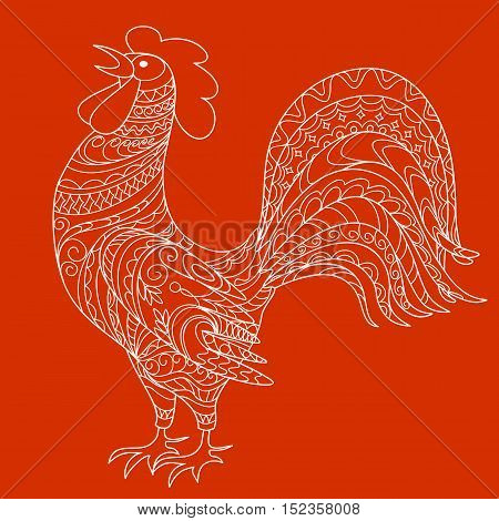 Isolated hand drawn decorated rooster оn red symbol 2017 of year red rooster of Chinese calendar. Zen tangled rooster can be put on the any color background.