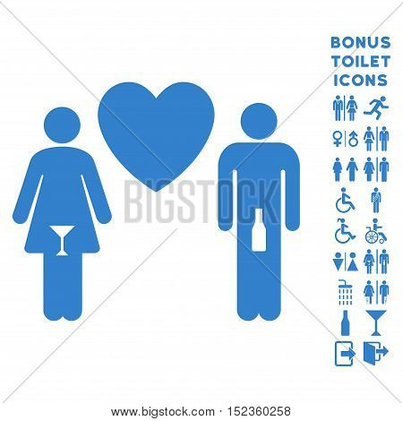 Drunky Love Pair icon and bonus man and lady WC symbols. Vector illustration style is flat iconic symbols, cobalt color, white background.