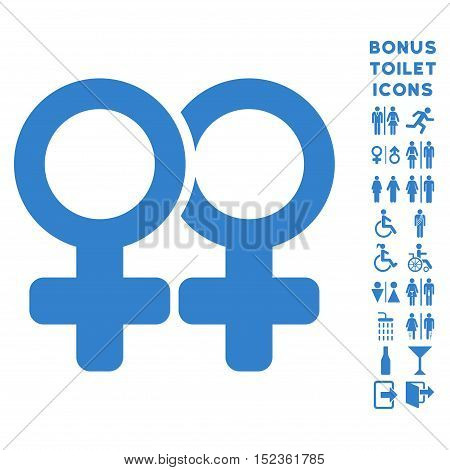 Lesbi Pair icon and bonus male and female restroom symbols. Vector illustration style is flat iconic symbols, cobalt color, white background.