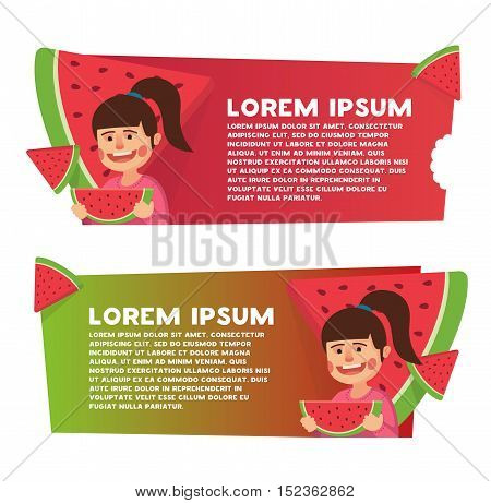 Two banner for web design. Watermelon theme. Cute little girl eating watermelon in summertime. Girl eating watermelon. Vector