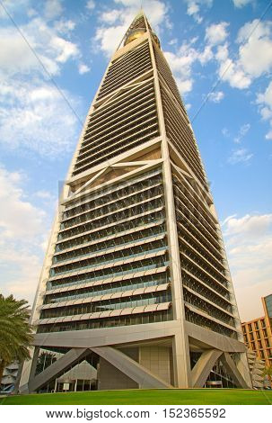 RIYADH - AUGUST 22: Sunset light at Al Faisaliah tower facade on August 22, 2016 in Riyadh, Saudi Arabia. Al Faisaliah towers is a luxury hotel and the most distinctive skyscraper in Saudi Arabia