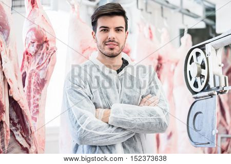 Butcher in slaughterhouse in front of swine halves wanting to cut the meat