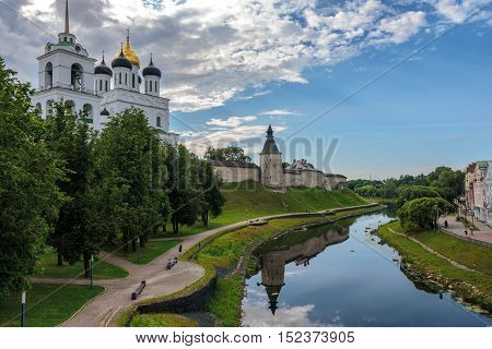 View of the Pskov Kremlin from the bridge through the river Pskova