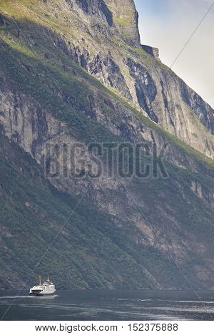 Norwegian fjord landscape. Storfjorden. Hellesylt Geiranger cruise travel. Tourism