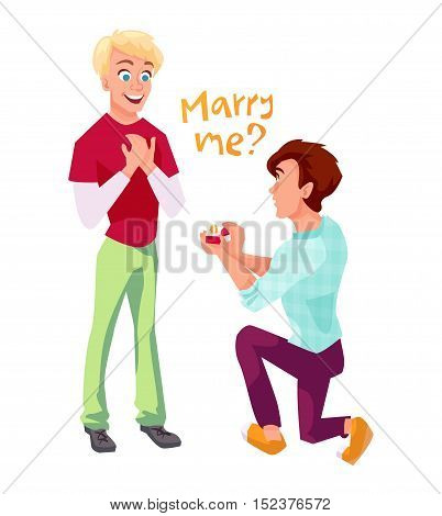 Gay making a marriage proposal to his boyfriend. Lgbt concept vector illustration.