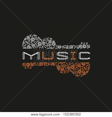Template Design Poster with doodle acoustic guitar silhouette. Vintage music icon. Black orange white musical instrument logo in Swiss international style. Modern Memphis pattern. Vector illustration