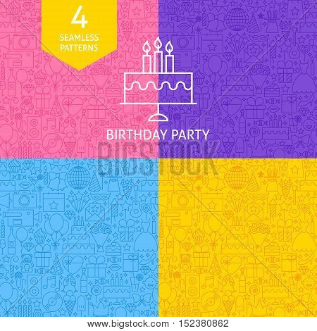 Line Birthday Party Tile Patterns. Four Vector Website Design Seamless Backgrounds. Celebration Event.