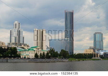 Yekaterinburg city center skyline and Iset river.
