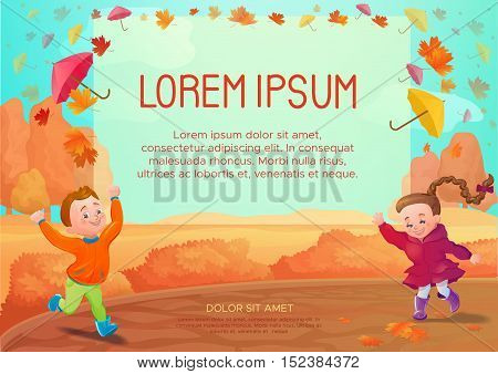 Autumn background with funny smiling kids. Seasonal sale poster, concept, flyer. Cartoon landscape banner. Brochure template.Vector illustration