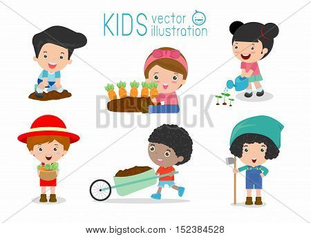 kids working in a vegetable garden, Children working in a vegetable garden, kids life in garden creative, farmer child profession, kids in the farm on white background Vector Illustration