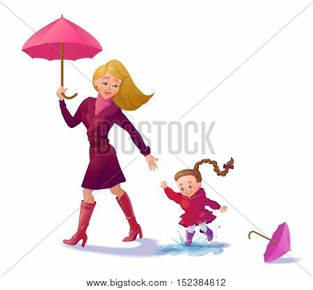 Smiling mother and daughter walking. Banner with cartoon characters in autumn outfit. Woman and girl with umbrella walking outdoors.Vector illustration