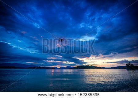 Drone in flight at Sunrise in Nidri Lefkas island Greece