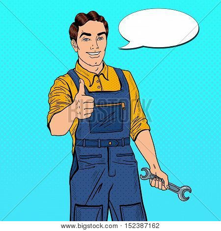 Pop Art Confident Smiling Mechanic with Wrench Thumbs Up. Vector illustration