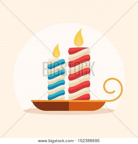 Holidays candle on a candlestick. Sign burning candle. Vector illustration for holiday design web banners, icons for website or greeting cards