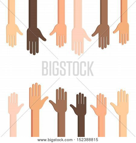 Many Human hands with outstretched palm. Conceptual vector illustration isolated on white background for web design banner or print card