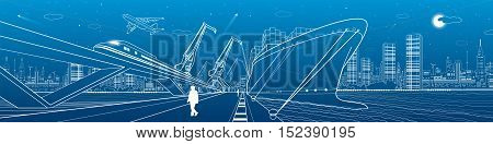 Transportation and industrial panorama. Cargo ship loading, boats on the water, sea harbor, train move on the bridge, airplane fly, night city, people go on the pier. Vector design art