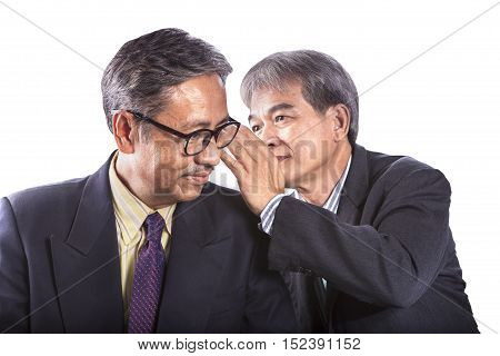 two asian senior business man gossip for business strategy isolated white background