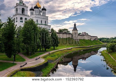 View of the Pskov Kremlin from the bridge through the river Pskova