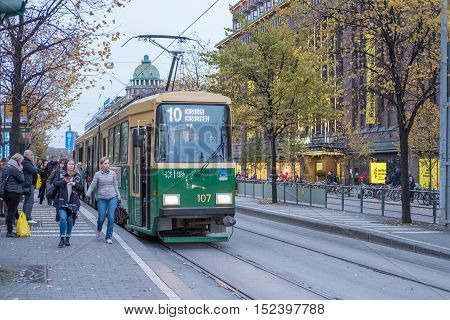 HELSINKI, FINLAND - OCTOBER 13, 2016: A streetcar named surgeon on Mannerheim street in the city center of Helsinki. Helsinki is the capital of Finland.