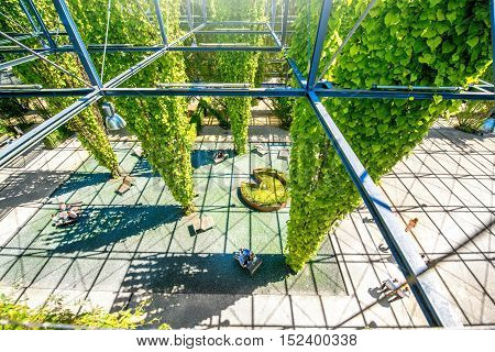 Zurich, Switzerland - June 28, 2016: MFO public park in the Oerlikon quarter of Zurich city in Switzerland. This Park-Haus is a double-walled steel-framed construction covered with plants.