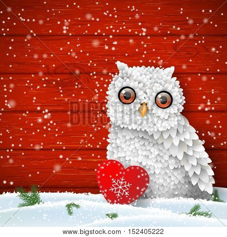 Cute white owl sitting in snow in front of red wooden wall with small red heart, winter holiday theme, vector illustration, eps 10 with transparency