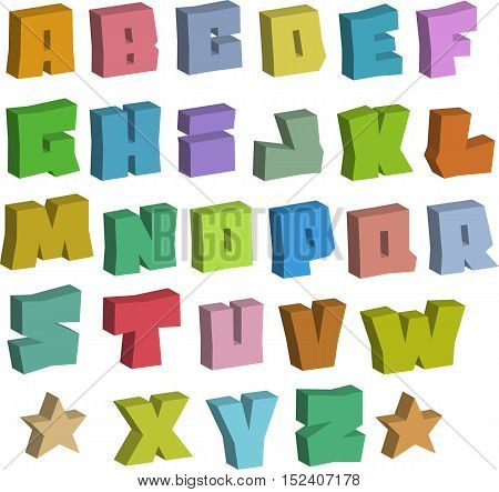 3D graffiti blocky color fonts alphabet over white