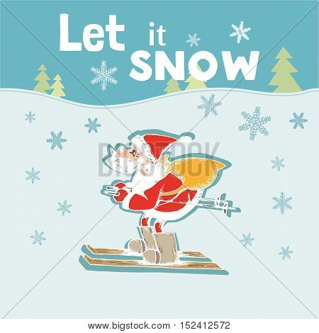 Santa Claus Cartoon character. Father Christmas skiing on snow carrying sack with gifts.  Freehand man silhouette. X-mas holiday symbol. Happy new year season greeting card. Vector Illustration