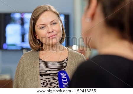 ST. PETERSBURG, RUSSIA - OCTOBER 7, 2016: Olga Semyonova during the opening of exhibition dedicated to 85th anniversary of her father, bestselling author Julian Semyonov in the Presidential library