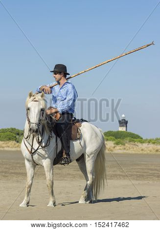 herdsman on the beach whit his Camargue horse
