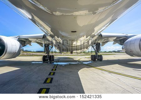 Labuan,Malaysia-Oct 19,2016:MASkargo Airbus A330-200F aircraft from below at Labuan Airport on 19th Oct 2016.A330-200 is the shorter-fuselage variant of Airbus  A330 twin-engine widebody family.