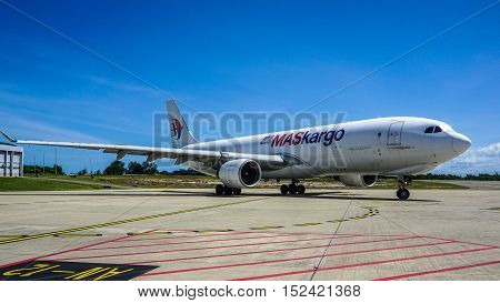 Labuan,Malaysia-Oct 19,2016:MASkargo Airbus A330-200F aircraft id 9M-MUA is rolling for takeoff on runway at Labuan Airport on 19th Oct 2016.MASkargo is the premier air cargo carrier based in Malaysia