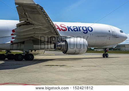 Labuan,Malaysia-Oct 19,2016:MASkargo Airbus A330-200F aircraft id 9M-MUA is rolling for takeoff on runway at Labuan Airport on 19th Oct 2016.MASkargo is the premier air cargo carrier based in Malaysia