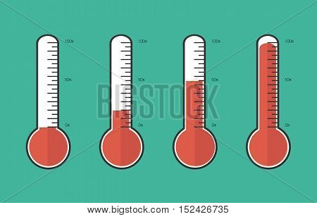 Illustration Of Red Thermometers With Different Levels, Flat Style,