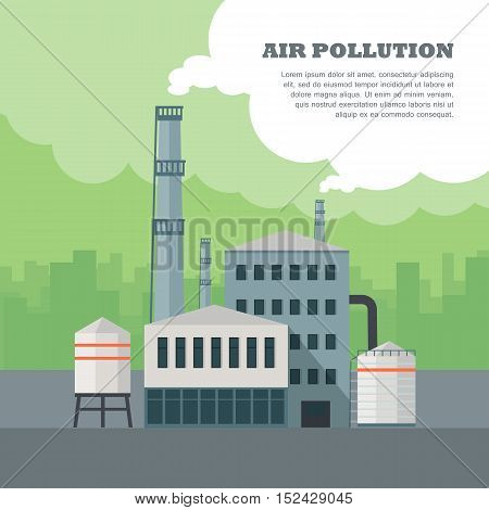 Air pollution concept. Factory building with pipes in flat. Air pollution by smoke coming out of two factory chimneys. Power plant smokestacks emitting smoke over urban cityscape. Vector illustration