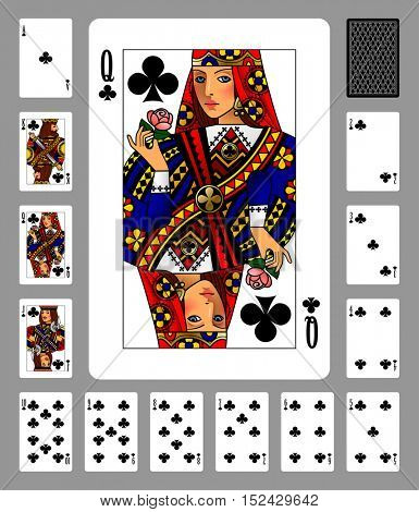 Playing cards of Clubs suit and back on green background. Colorful original design