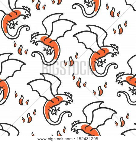 Seamless pattern with basilisk and flames. Cute childish illustration. Background with cartoon mythical best. Doodle red basilisk