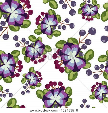 pattern with blue flowers, berries and leaves on white background. can be used like patter for wrapping paper or textile, for greeting cards or birthday invitations