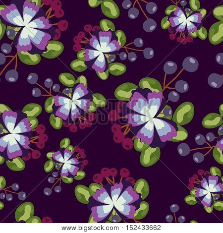 pattern with blue flowers, berries and leaves on violet background. can be used like patter for wrapping paper or textile, for greeting cards or birthday invitations