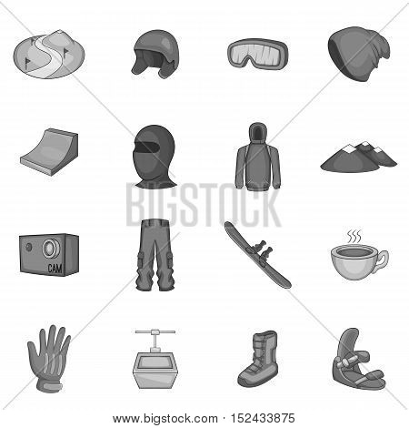 Snowboarding icons set. Gray monochrome illustration of 16 snowboarding vector icons for web