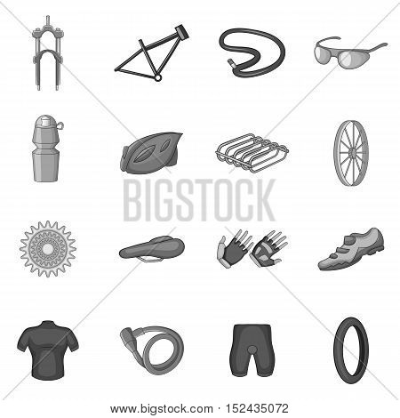 Bicycling icons set. Gray monochrome illustration of 16 bicycling vector icons for web
